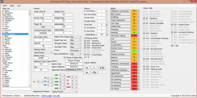 eFootball 2022 Player Data Editor by Devil Cold52